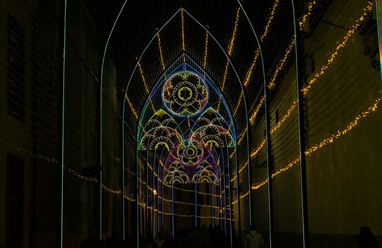  Streets of the city of San Christobal de La LAguna with ornate light decorations for Christmas 