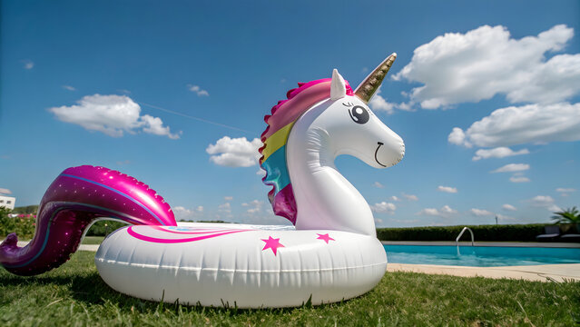 Inflatable unicorn pool float on grass beside swimming pool under sunny blue sky with white clouds