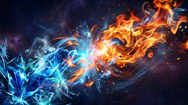 A vibrant depiction of fire and ice colliding in a cosmic explosion of color and energy