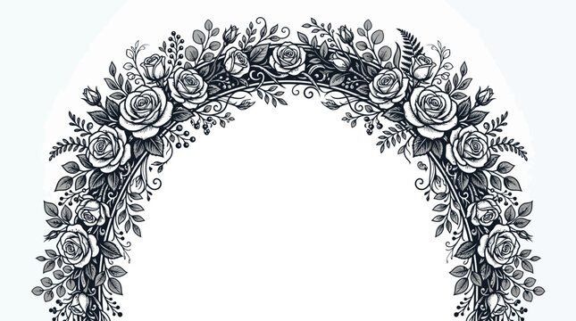 Elegant floral arch with intricate roses and leaves, decorative border element on isolated white background.