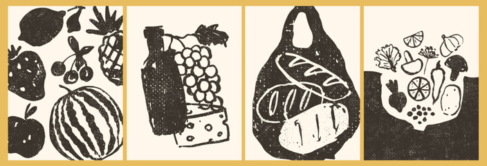 Fototapeta na wymiar Set of hand drawn food icons. Vegetables, fruits, cheese, bread, vine. Simple eco design. Vector menu, recipe, logo. Poster, card composition. Wall art.