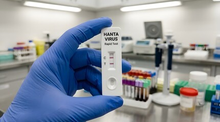 Obraz premium A hand in a blue medical glove holds a positive Hanta Virus rapid test kit inside a lab room with blurred test tubes, laboratory equipment, and clinical research tools in the background