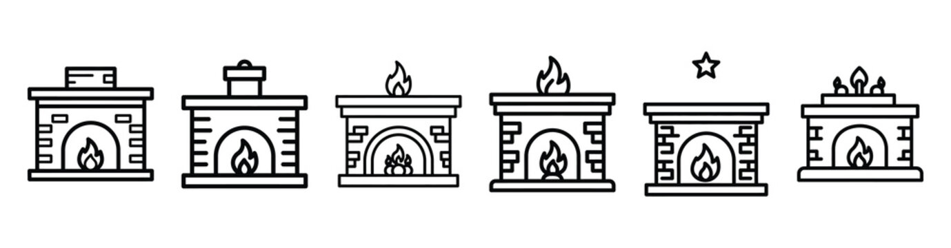 holiday fireplace decor line web icon set. Christmas outline icons on white background.