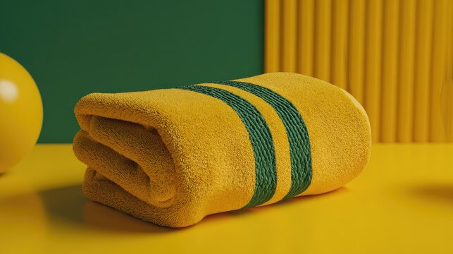 Folded yellow towel with green stripes on yellow surface studio shot