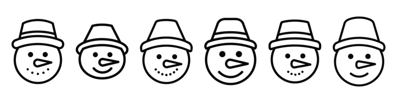 holiday snowman face line web icon set. Christmas outline icons on white background.