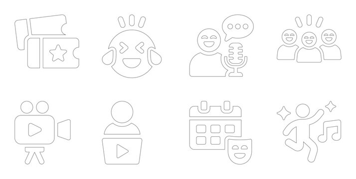comedy show icons set line drawing style on white background