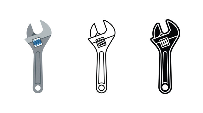 Adjustable wrench tool icons set featuring flat color outline and solid black silhouette graphic designs