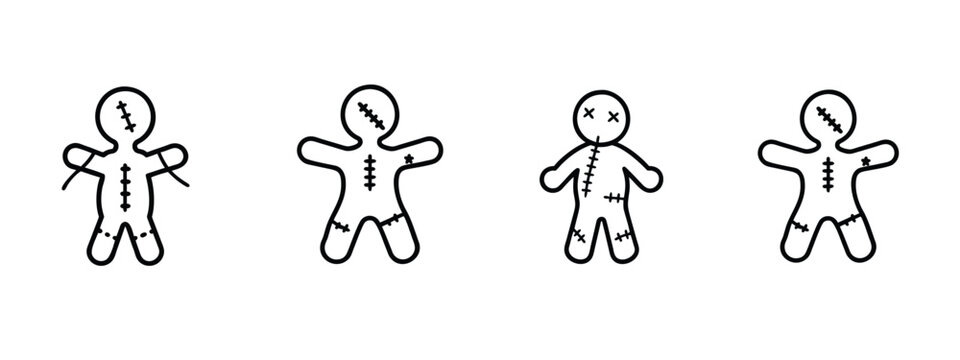 Voodoo doll outline icons set stitched Halloween creepy spooky horror scary doll mystery occult magic & more vector illustration with editable stroke.