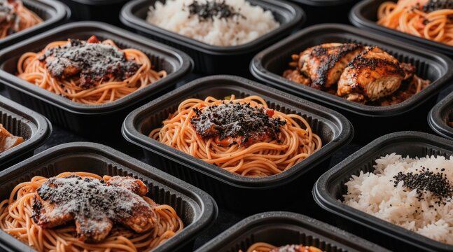 Frozen meal prep containers with pasta chicken and rice. Meals are ready to eat and stored in black trays ready for microwave heating. Convenience food for busy people and healthy eating plans.