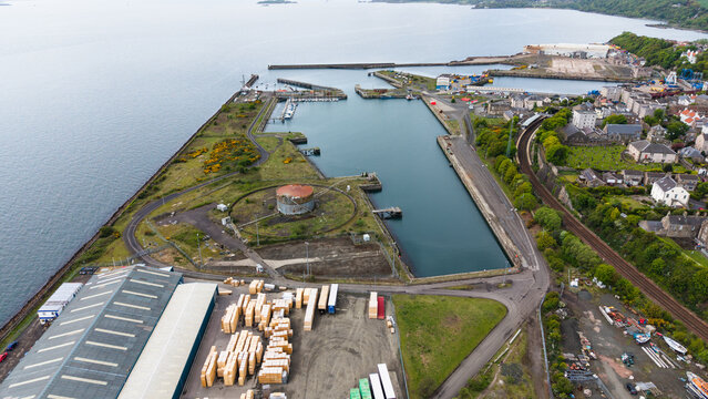 Burntisland Sailing Club and harbour boats. Firth of Forth coastline, Scotland