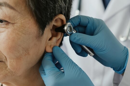 Doctor wears blue gloves checks senior woman ear with otoscope. Medical pro examines patient hearing health at clinic. Woman receives ear checkup for hearing loss.