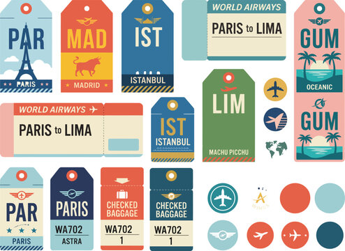 Luggage tags showing travel destinations and flight routes on world map