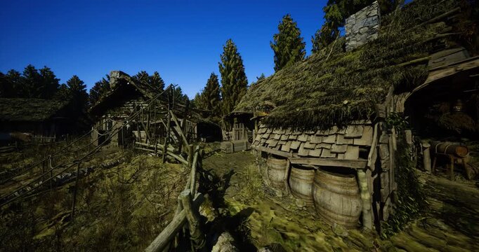 abandoned village path leading toward cottages under broad sky, reclaimed yard with mossy timber fence and scattered stonework, cinematic rural composition
