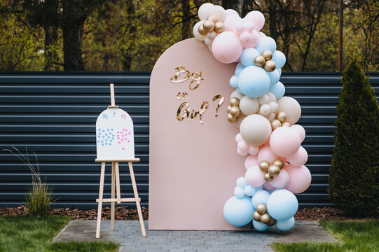 A photo of a photo zone with blue and pink balloons and a sign saying "boy or girl" at an outdoor gender reveal party.