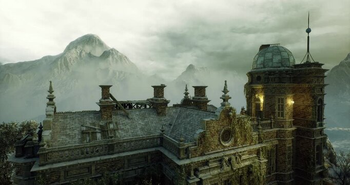 Abandoned observatory mansion perched on ridge with domed roof and broken parapets, dense mist rolling over mountain slopes, silent chimneys and eroded
