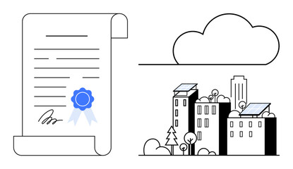 Environmental care, renewable energy, certification processes, urban planning, green living, compliance. Document with seal, eco-friendly cityscape with solar panels. Certification and renewable © robu_s