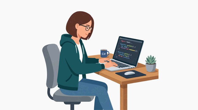 A female coder working on a laptop, immersed in the world of code. The image shows her focused on her work, sitting at a desk with a coffee mug and a small plant