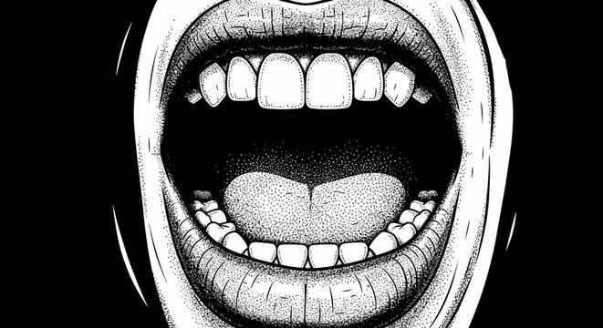 Visceral Expression of Primal Scream A High-Contrast Black and White Illustration Capturing Intense Emotion and Shocking Human Reaction