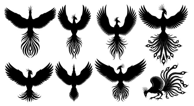 Mythical phoenix bird silhouette collection, 8 black firebird vector icons, fantasy flying creature set for logo design and tattoo art