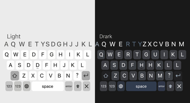 Modern smartphone keyboard interface vector, light and dark mode mobile keypad design, digital qwerty alphabet buttons for touchscreen apps