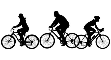 Obraz premium Cyclist silhouette set with three people riding bicycles, black bike rider silhouettes on white background, active cycling lifestyle vector graphics