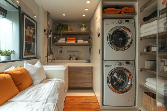 Bed next to washer in a small laundry room.