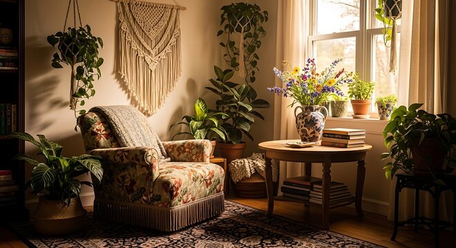 A cozy living room with floral armchair, plants, macrame wall hanging and a round table by the window