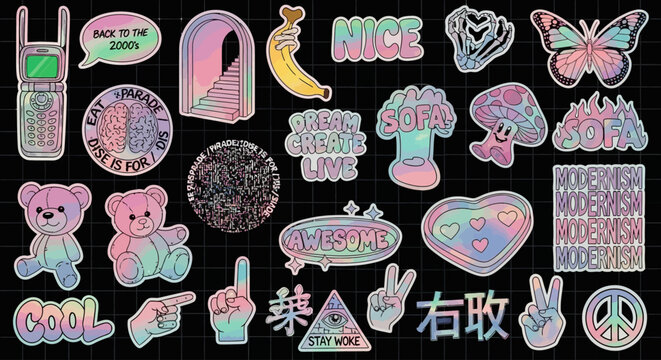 Retro Y2K aesthetic sticker set, holographic pastel vaporwave decals, 25 trendy 90s nostalgia vector elements for digital scrapbooking and social media