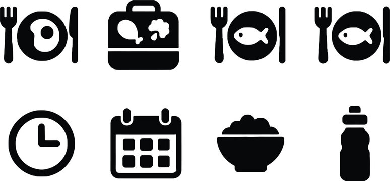 Flat line icons set featuring food, clock, calendar, and bottle Vector