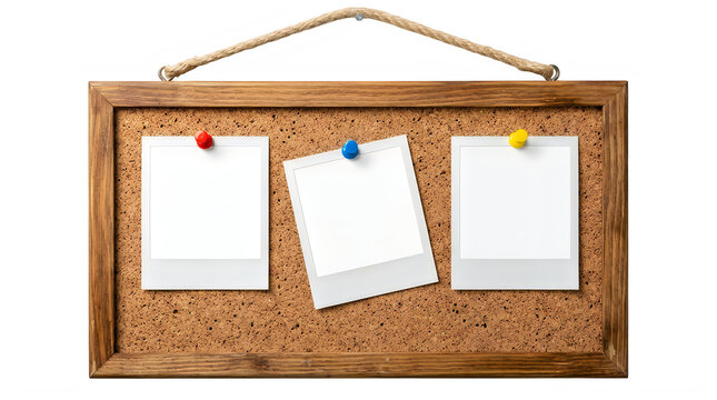 Wooden corkboard with three blank notes pinned isolated on transparent background transparent background