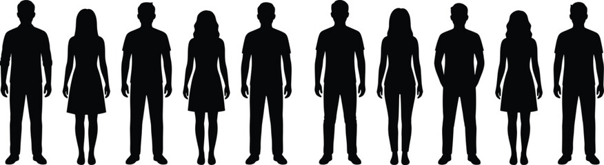 Black silhouette figures of diverse people standing in a row facing forward black silhouettes © MDKHOYBAR