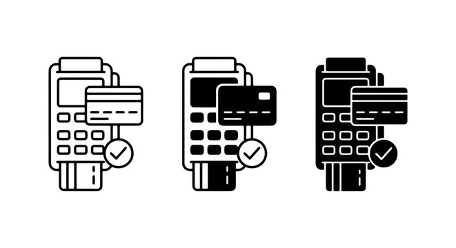 Payment Terminal Icons, Credit Card Reader Set, POS Machine Vector Graphics, Transaction Approved