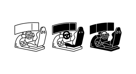 Racing Simulator Cockpit Icons, Gaming Setup Vector Set, Driving Wheel and Monitor Graphics © Romana