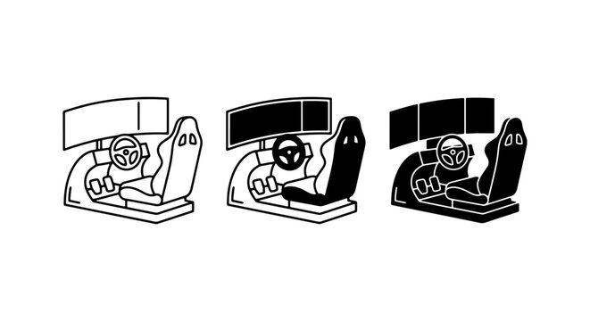 Racing Simulator Cockpit Icons, Gaming Setup Vector Set, Driving Wheel and Monitor Graphics