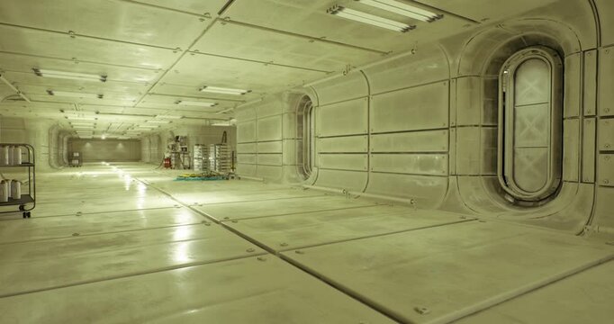 bright preparation hangar with stacked shelving and covered gear on floor, clean reflective surfaces and open space for technicians, atmosphere of calm