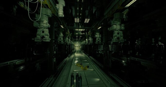 neon maintenance tunnel inside ship corridor showing complex pipework, illuminated panels, rack servers and cooling conduits, quiet operational tension.