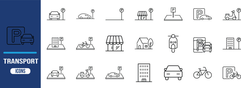Urban parking transport outline icons. car icon set, parking sign icon set, bicycle icon set