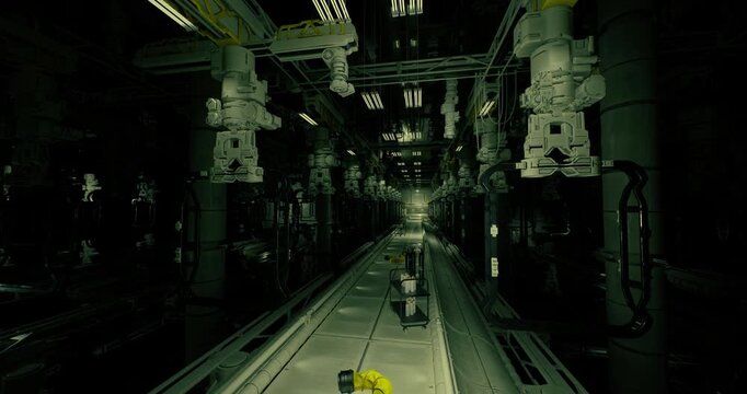 long green technical aisle with stacked cylinders and pressure gauges, monitoring and calibration scene suggesting automated regulation check, dense piping