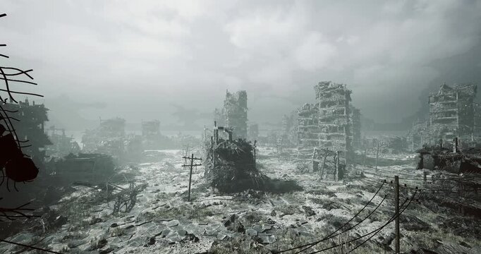 telegraph and pylon studded ruined city under heavy clouds, toppled wires and twisted metal weave through smashed streets, distant skeletal towers and broken