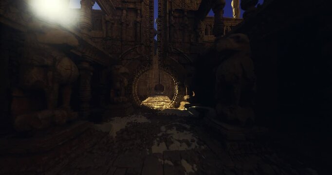 Golden hoard glowing in dark chamber, beam illuminating scattered coins and ornate chest against carved stone walls, dust motes drifting through warm spotlight,