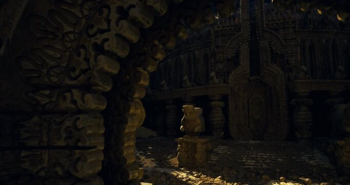 Dark ancient chamber with golden hoard, carved arches and scattered coins glowing under narrow beam, atmospheric ruins evoking cinematic mystery