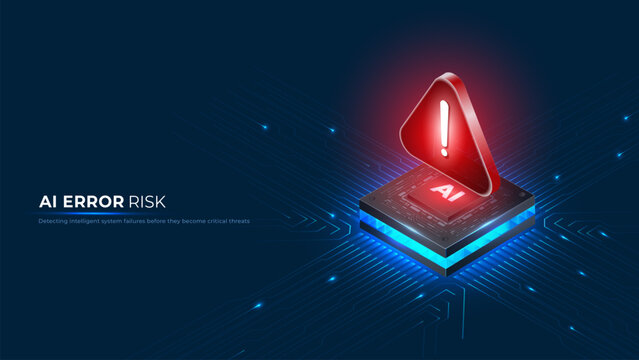 Artificial intelligence processing unit encountering system error, generating risk warning, representing a cyber security threat. Vector illustration