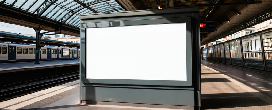 Paris metro station with empty digital advertising screen. Train waits at platform. Clean urban transit hub space for copy. Modern transport facility for commute.