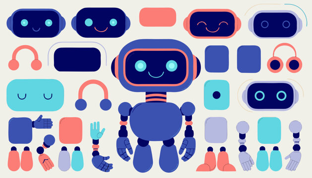 Cute robot character components with various facial expressions and accessories for design
