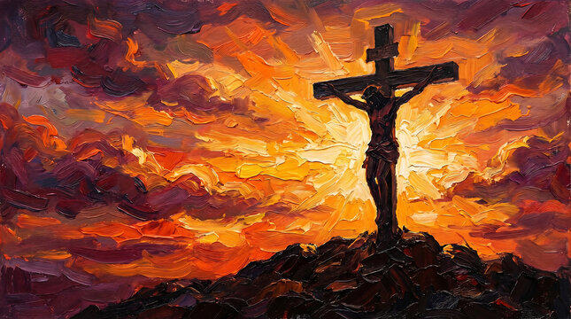 A powerful oil painting depicts Jesus on the cross, silhouetted against a dramatically radiant and fiery sunset sky, symbolizing sacrifice, hope, and spiritual triumph