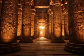Fototapeta premium Stone columns carved with hieroglyphs lining a historic temple hallway with bright sunlight ahead