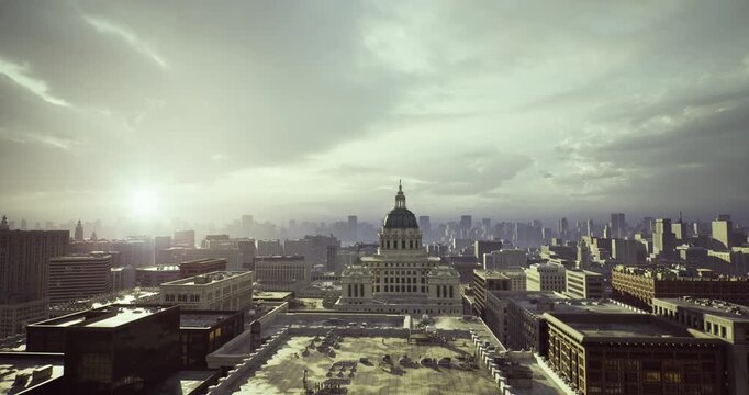 sepia city skyline with dome, retro cinematic tone and soft contrast, nostalgic mood across rooftops and older facades, warm glow and long shadows create