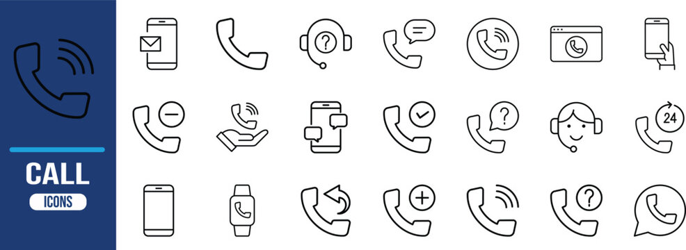 Phone call and contact line icons. phone icon set, headset icon set, handset icon set
