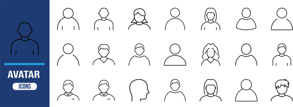 People profile avatar outline vector icons. person icon set, man icon set, woman icon set