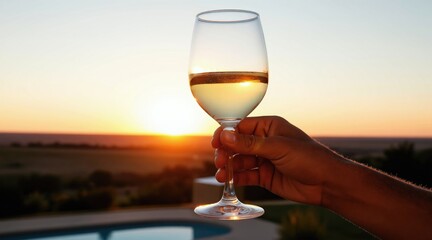 Obraz premium Hand holds wine glass against sunset horizon. Rural landscape, farmland, and pool visible below warm sky. Relaxing summer evening outdoors celebration.